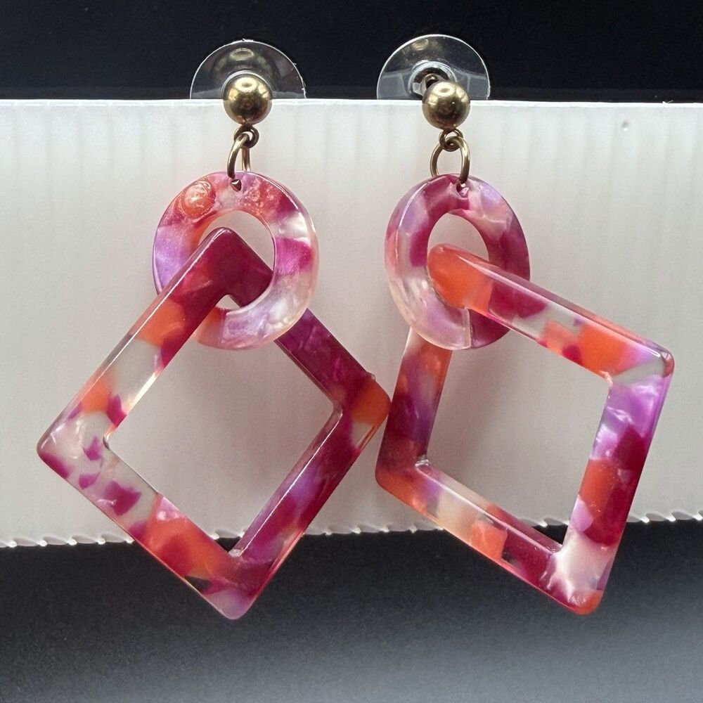Chunky Pink Orange Acrylic Dangle Earrings Geometric Resin Marble Drop Statement